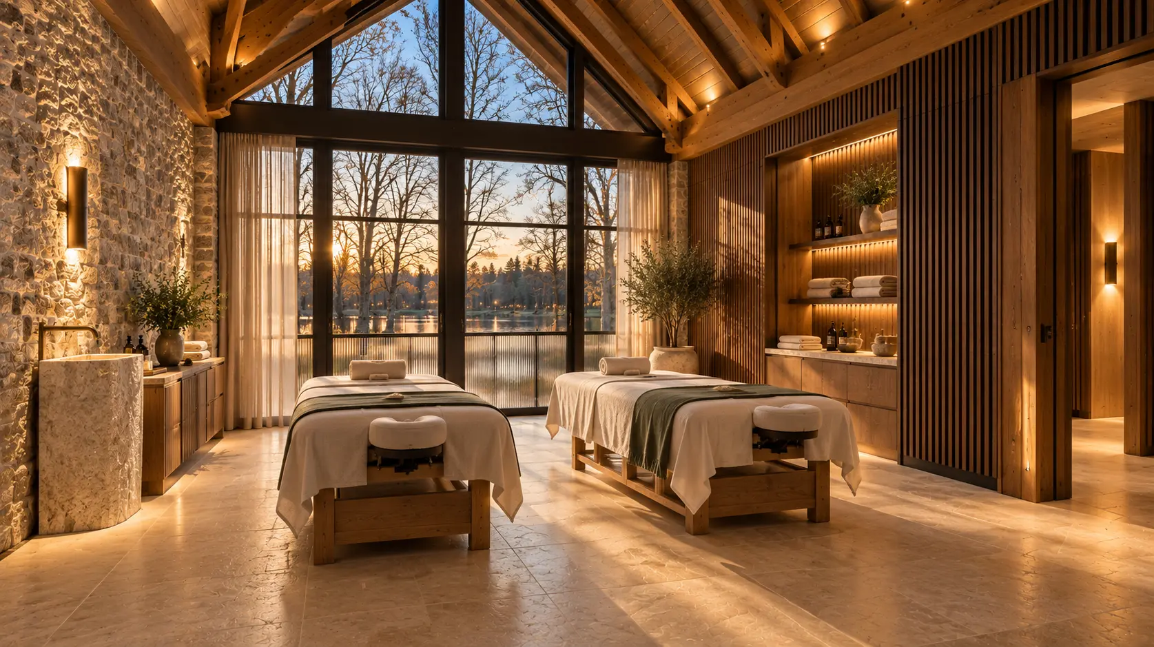Cabine de massage double avec deux tables en bois face à une grande baie ouverte sur les arbres