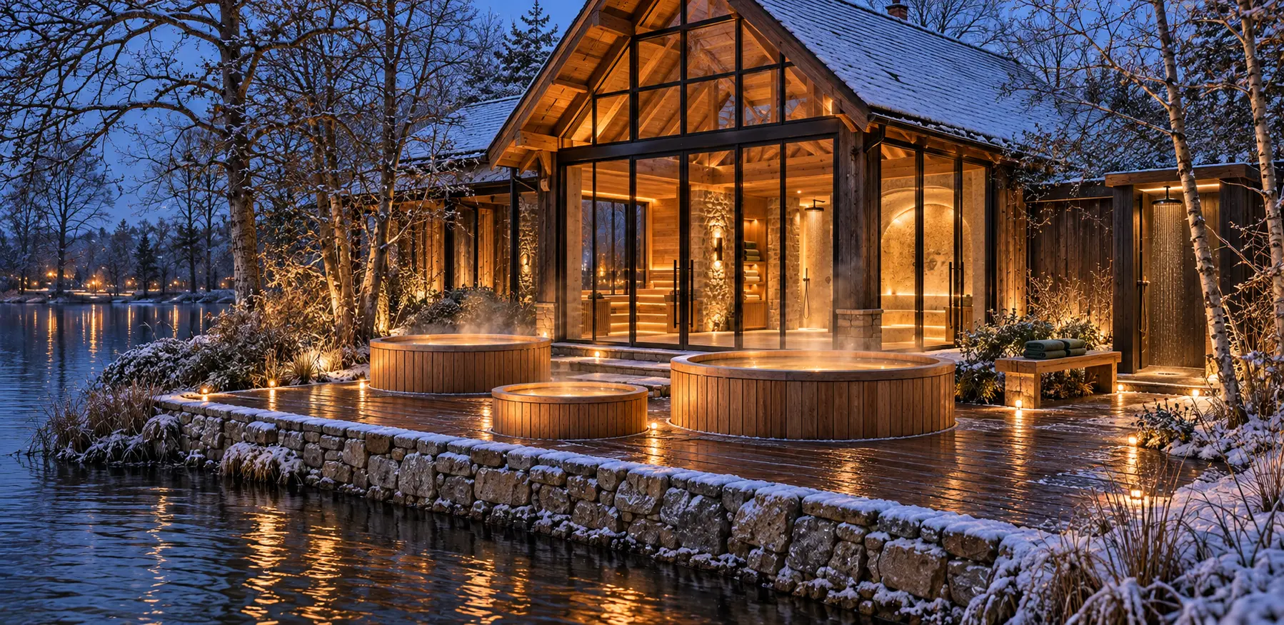 Bains nordiques en bois fumants sur une terrasse enneigée, au bord de l'étang, à la tombée du jour