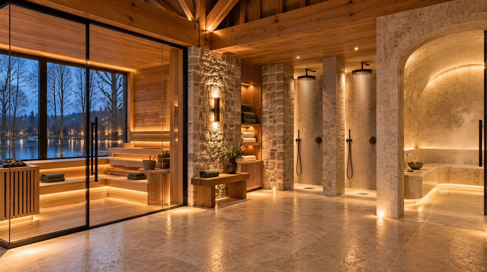 Espace thermal : sauna vitré en bois, douches sensorielles et hammam minéral voûté